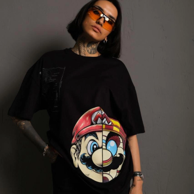 Kadın Mario Baskılı T-Shirt Oversize Kısa kol Bisiklet yaka tişort - Siyah